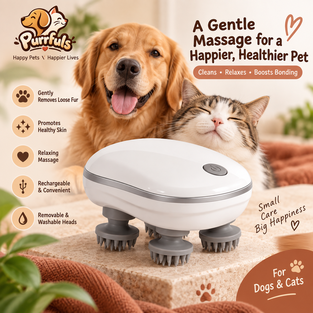 Purrfuls Pet Massager – Rechargeable Grooming & Massage Brush