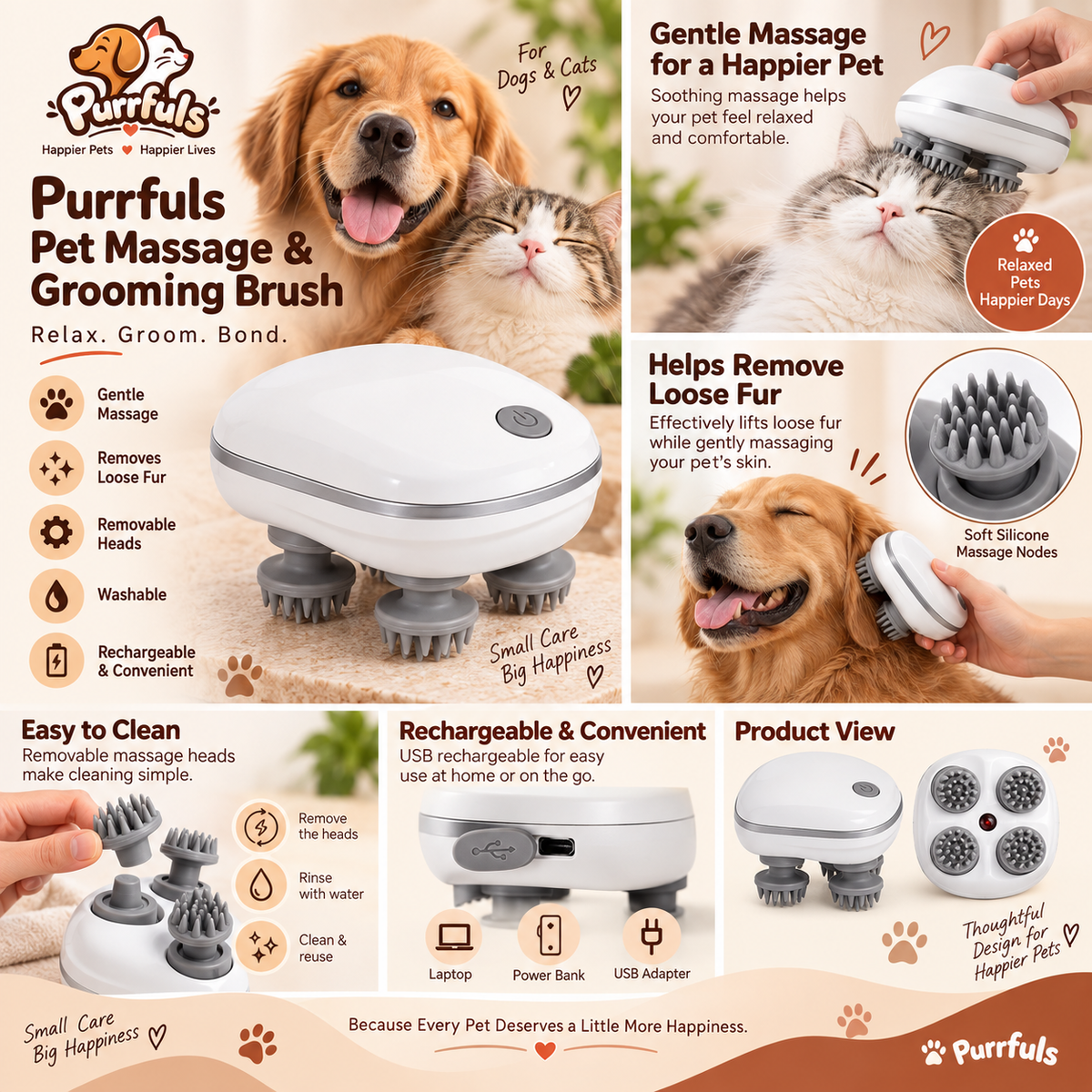 Purrfuls Pet Massager – Rechargeable Grooming & Massage Brush