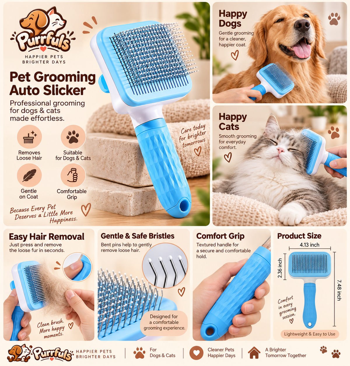 Purrfuls Pet Slicker Brush for Dogs & Cats