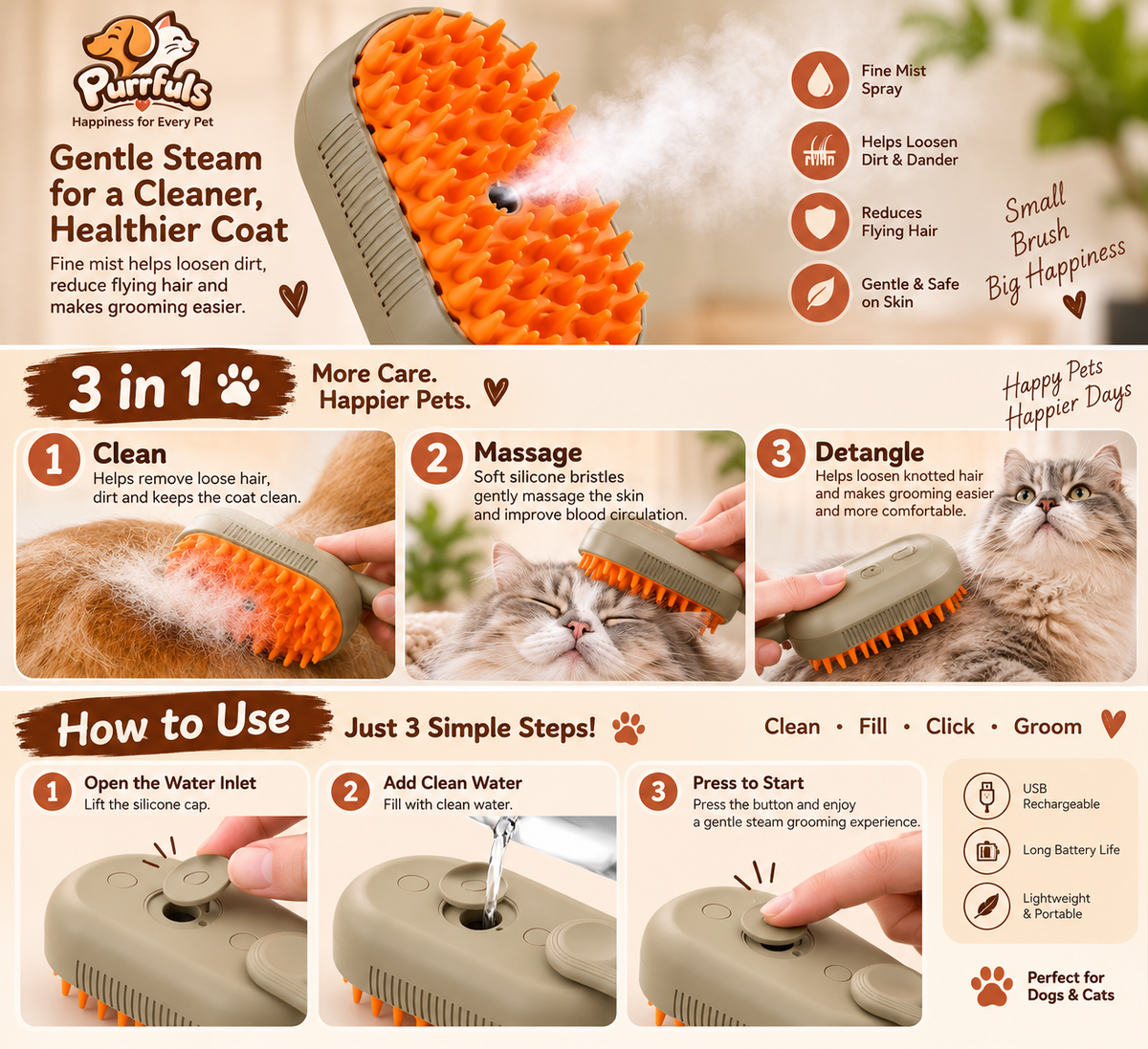 Purrfuls 3-in-1 Pet Steam Brush for Dogs & Cats