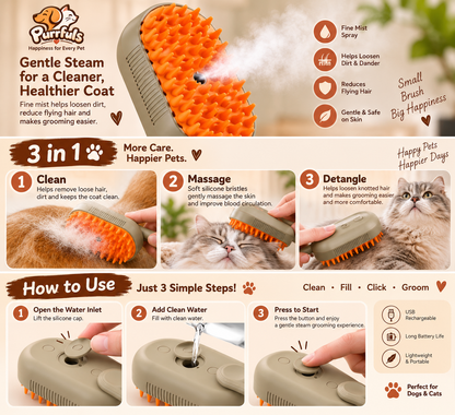 Purrfuls 3-in-1 Pet Steam Brush for Dogs & Cats