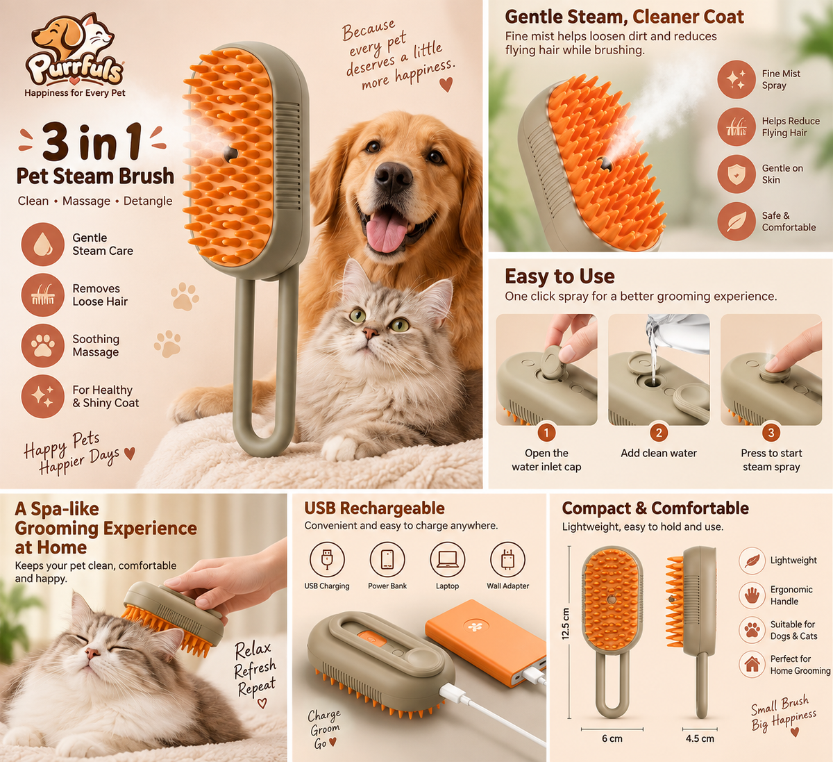 Purrfuls 3-in-1 Pet Steam Brush for Dogs & Cats