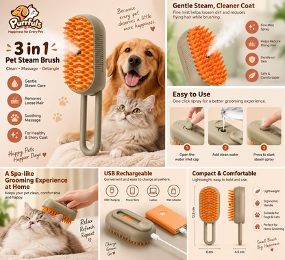 Purrfuls 3-in-1 Pet Steam Brush for Dogs & Cats