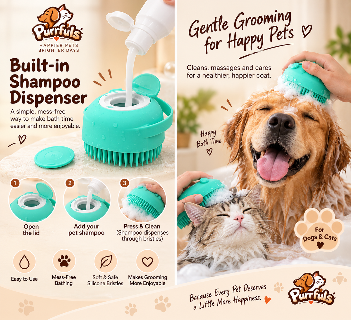Purrfuls Pet Bath Brush with Shampoo Dispenser